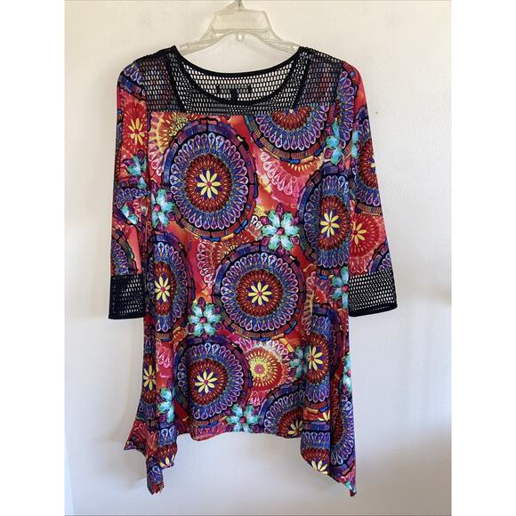 Calessa Vibrant Floral Boho Flower Hippie Mesh Cutout Tunic Top Wearable Art L - Picture 7 of 9